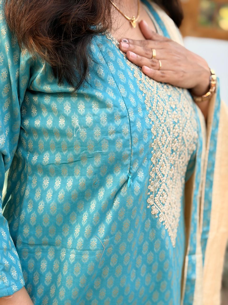 Blue Printed Embroidered Cotton Silk Feeding 3 Piece Set With Pant And Dupatta | Free size