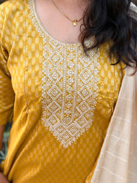 Yellow Printed Embroidered Cotton Silk Feeding 3 Piece Set With Pant And Dupatta | Free size