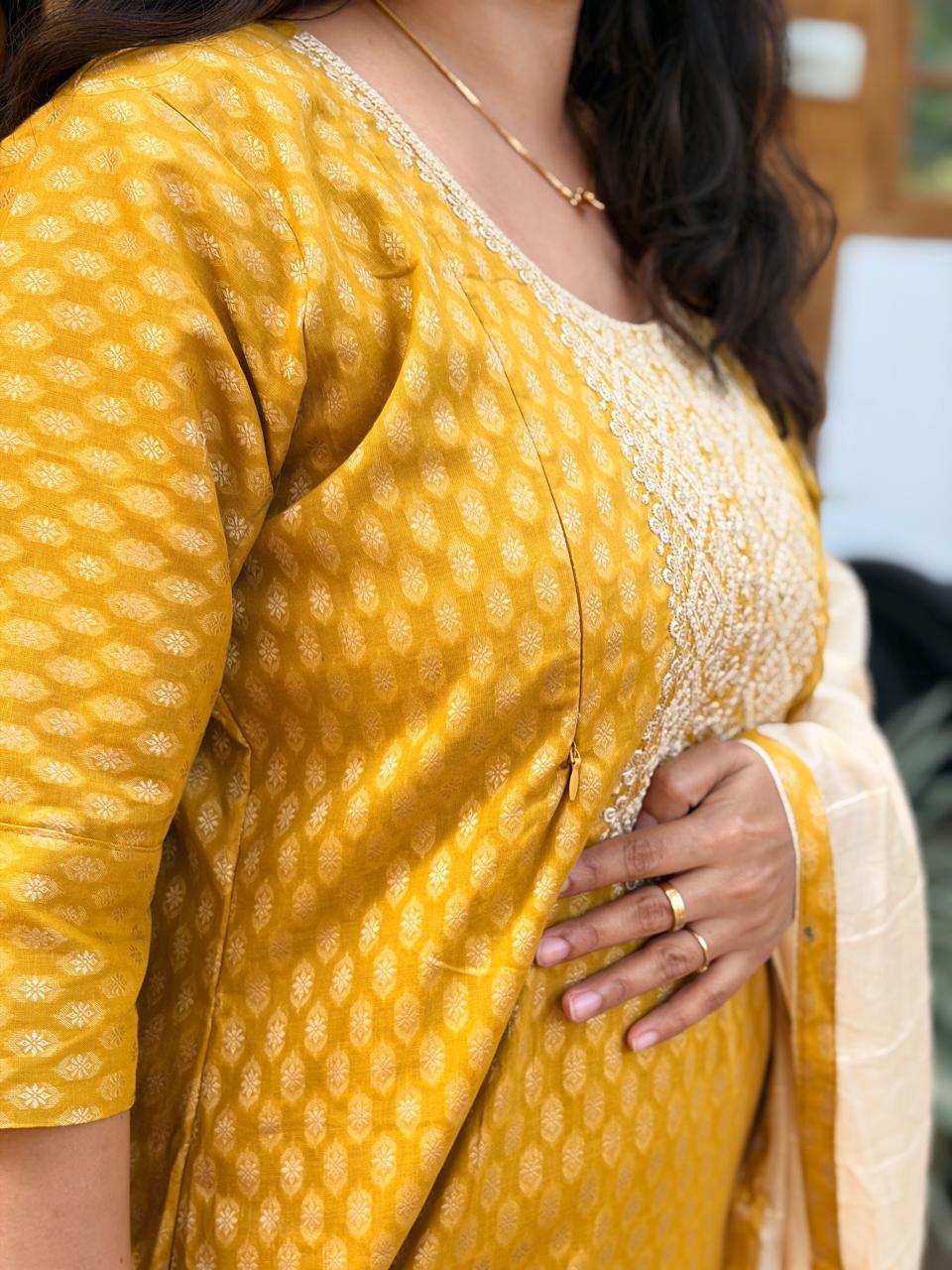 Yellow Printed Embroidered Cotton Silk Feeding 3 Piece Set With Pant And Dupatta | Free size