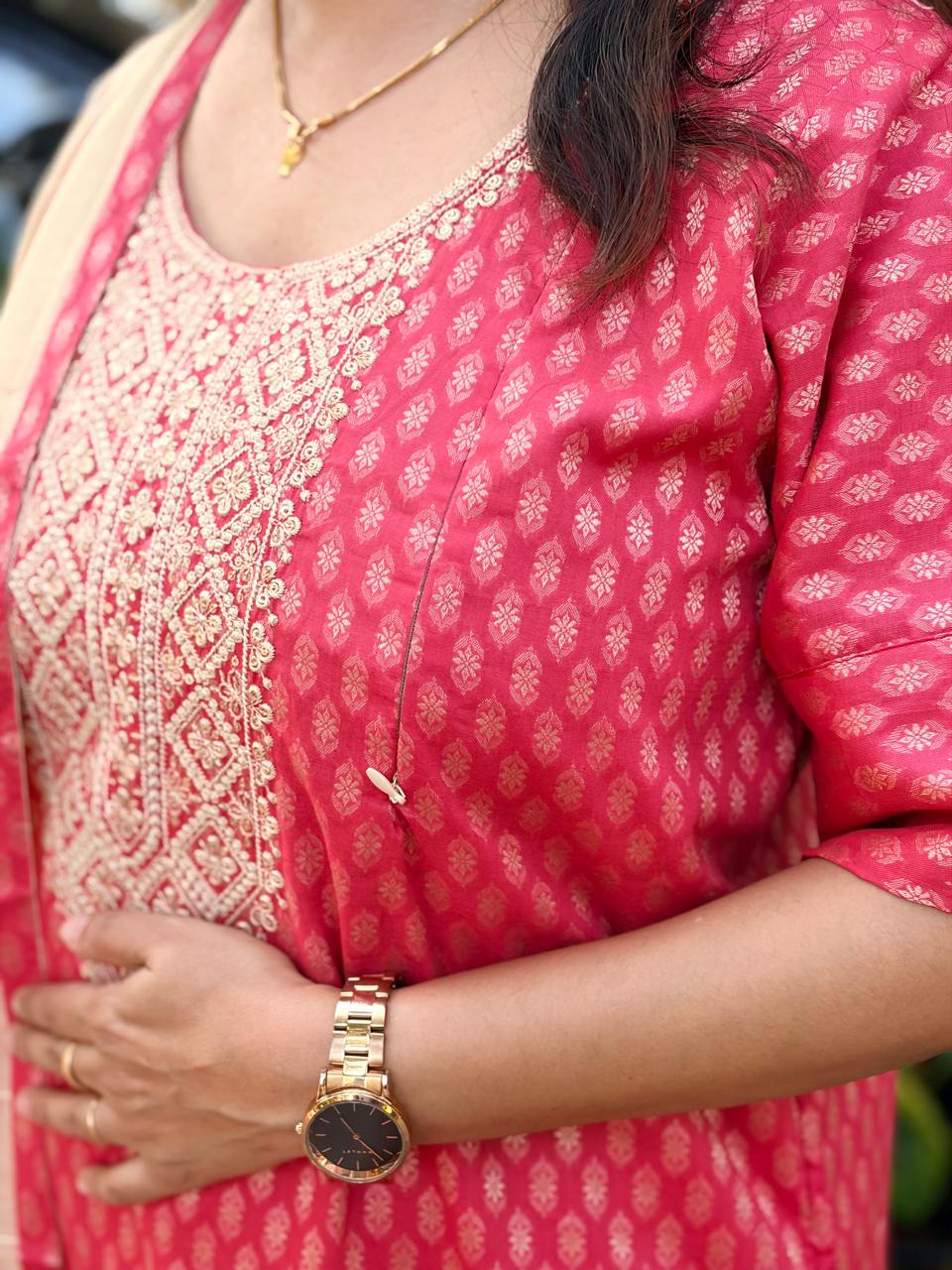 Red Printed Embroidered Cotton Silk Feeding 3 Piece Set With Pant And Dupatta | Free size