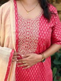 Red Printed Embroidered Cotton Silk Feeding 3 Piece Set With Pant And Dupatta | Free size
