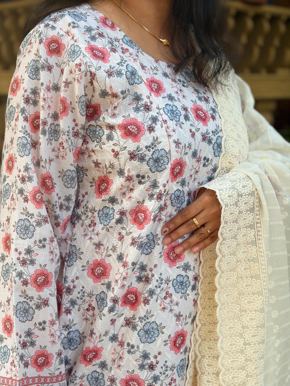 Peach And White Floral Printed Chikankari Feeding 3 Piece Set With Pant And Dupatta | Free size