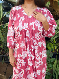 Mauve Pink Floral Printed Cotton Slub V - Neck Feeding Kurti Co-ord Set With Centre Long Invisible Zip| Palazzo Pant | Free Size