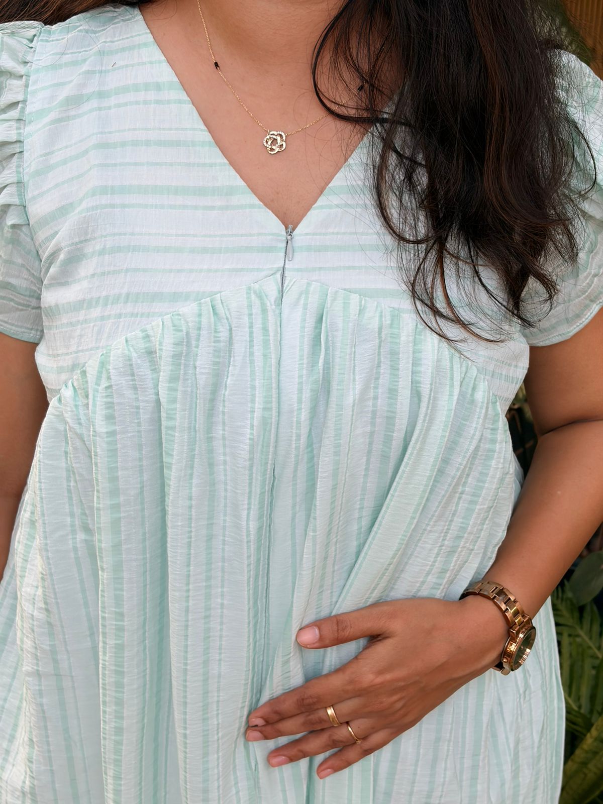 Pastel Blue Stripe Printed V- Neck Ruffle Sleeve Maternity Feeding Dress with Centre Long Invisible Zip | Free Size | 44" length