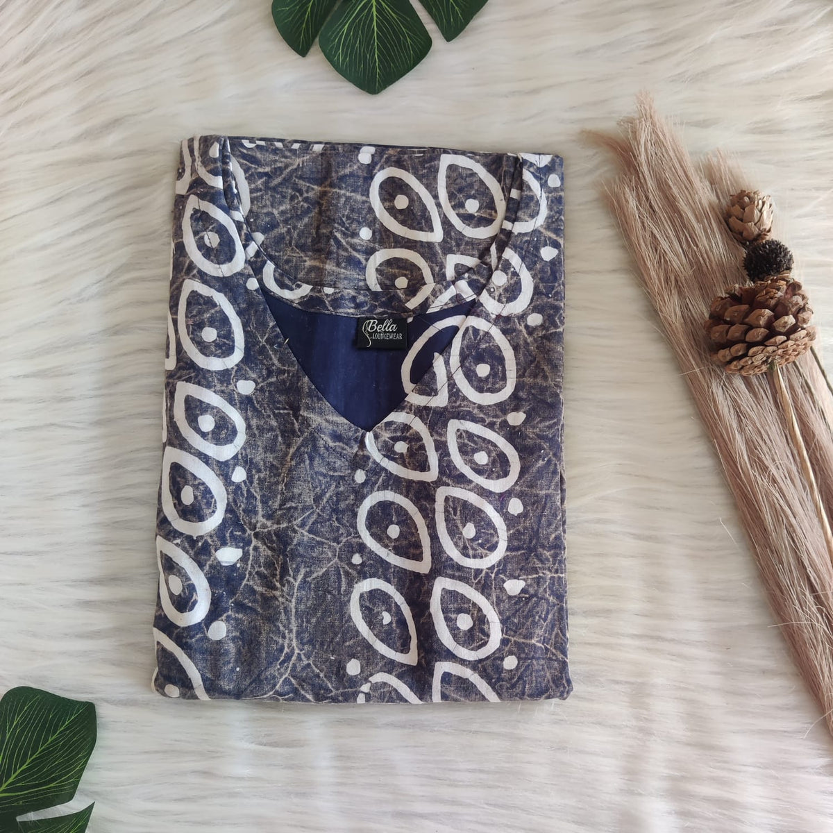 Navy Blue Printed Cotton Non Feeding Kaftan | Free Size | Chest Width 44″| Length 56″