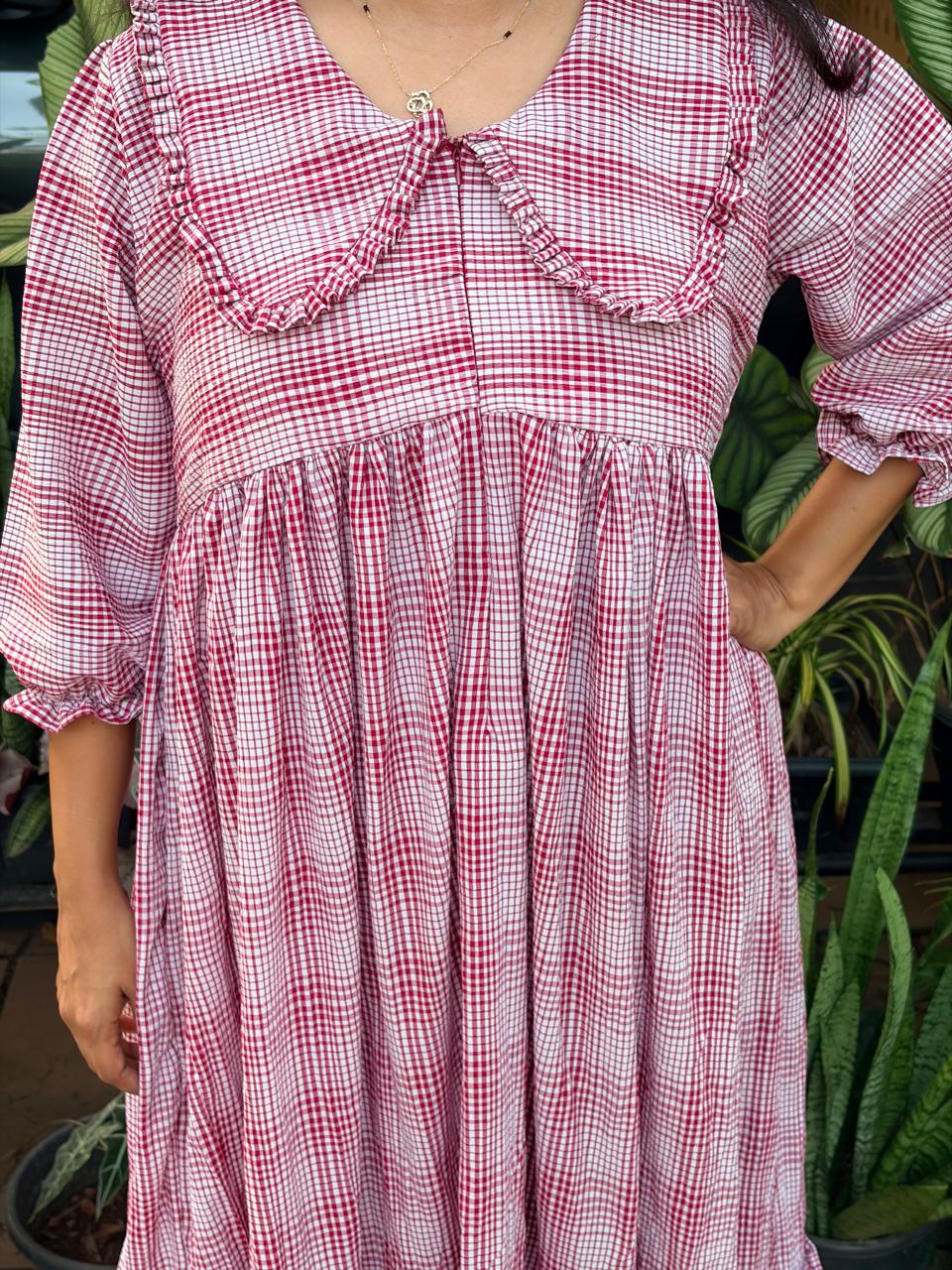 Maroon Check Printed Peter Pan Collar Seer Sucker Puff 3/4 Sleeve Maternity Dress with Centre Long Zip | Free Size | 46" length