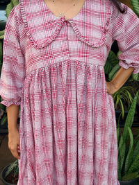 Maroon Check Printed Peter Pan Collar Seer Sucker Puff 3/4 Sleeve Maternity Dress with Centre Long Zip | Free Size | 46" length