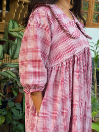 Maroon Check Printed Peter Pan Collar Seer Sucker Puff 3/4 Sleeve Maternity Dress with Centre Long Zip | Free Size | 46" length
