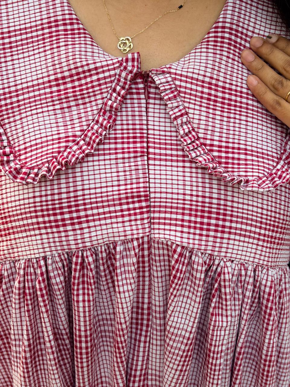 Maroon Check Printed Peter Pan Collar Seer Sucker Puff 3/4 Sleeve Maternity Dress with Centre Long Zip | Free Size | 46" length