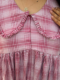 Maroon Check Printed Peter Pan Collar Seer Sucker Puff 3/4 Sleeve Maternity Dress with Centre Long Zip | Free Size | 46" length