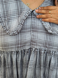 Black Check Printed Peter Pan Collar Seer Sucker Puff 3/4 Sleeve Maternity Dress with Centre Long Zip | Free Size | 46" length