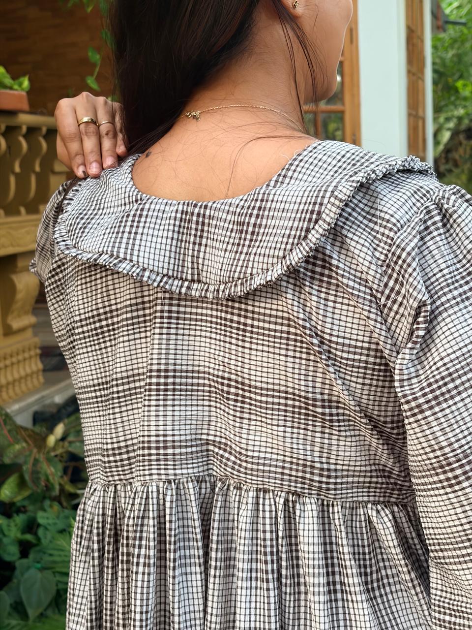Black Check Printed Peter Pan Collar Seer Sucker Puff 3/4 Sleeve Maternity Dress with Centre Long Zip | Free Size | 46" length