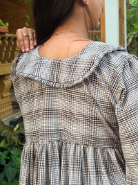 Black Check Printed Peter Pan Collar Seer Sucker Puff 3/4 Sleeve Maternity Dress with Centre Long Zip | Free Size | 46" length