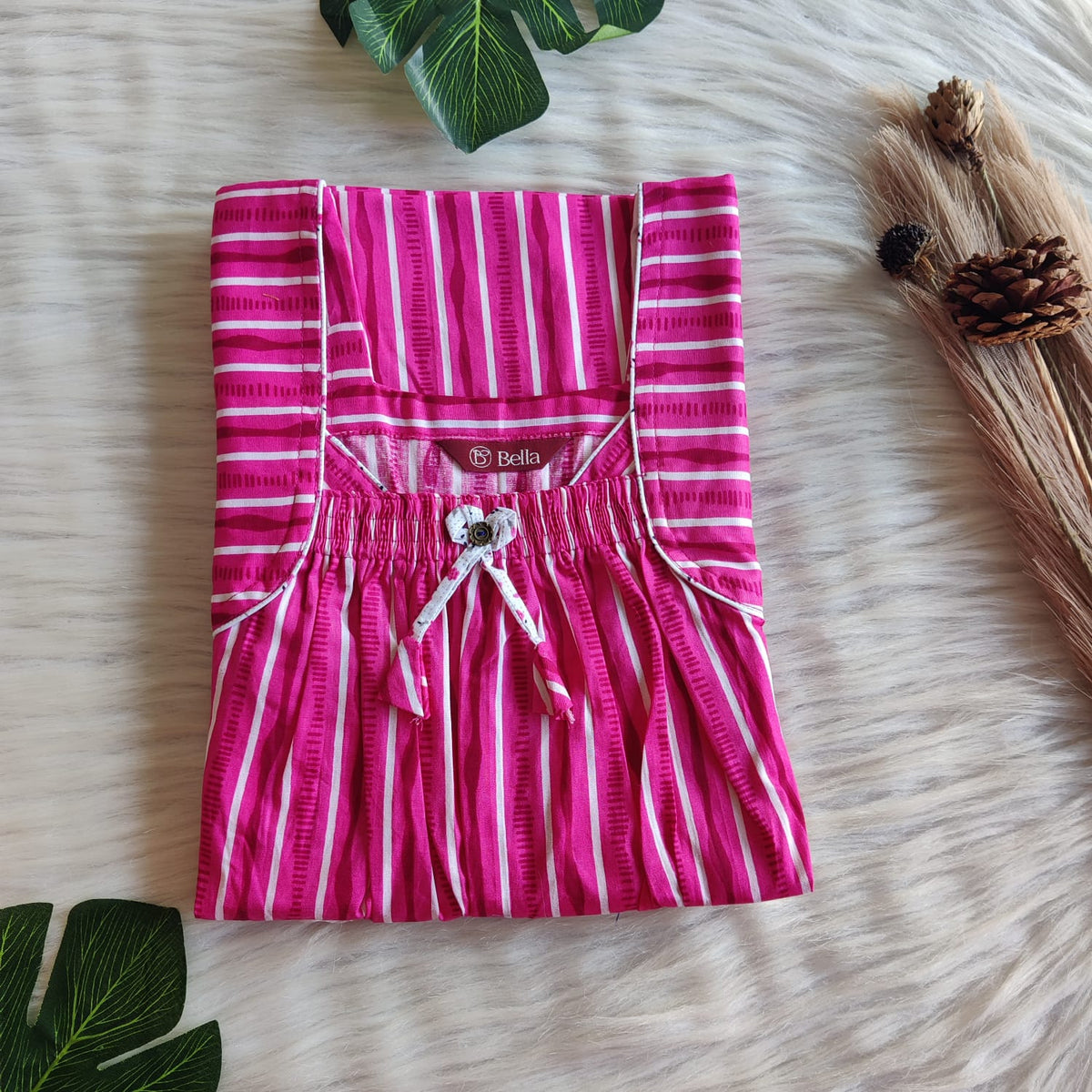 Pink Stripes Printed Premium Cotton Front Elastic Pleated Nighty | Free Size | Chest Width 44″| Length 56″