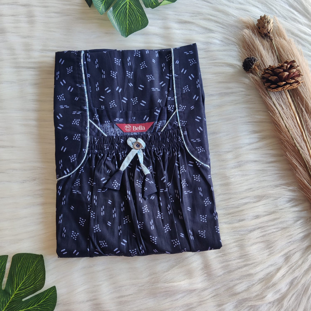 Navy Blue Printed Premium Cotton Front Elastic Pleated Nighty | Free Size | Chest Width 44″| Length 56″