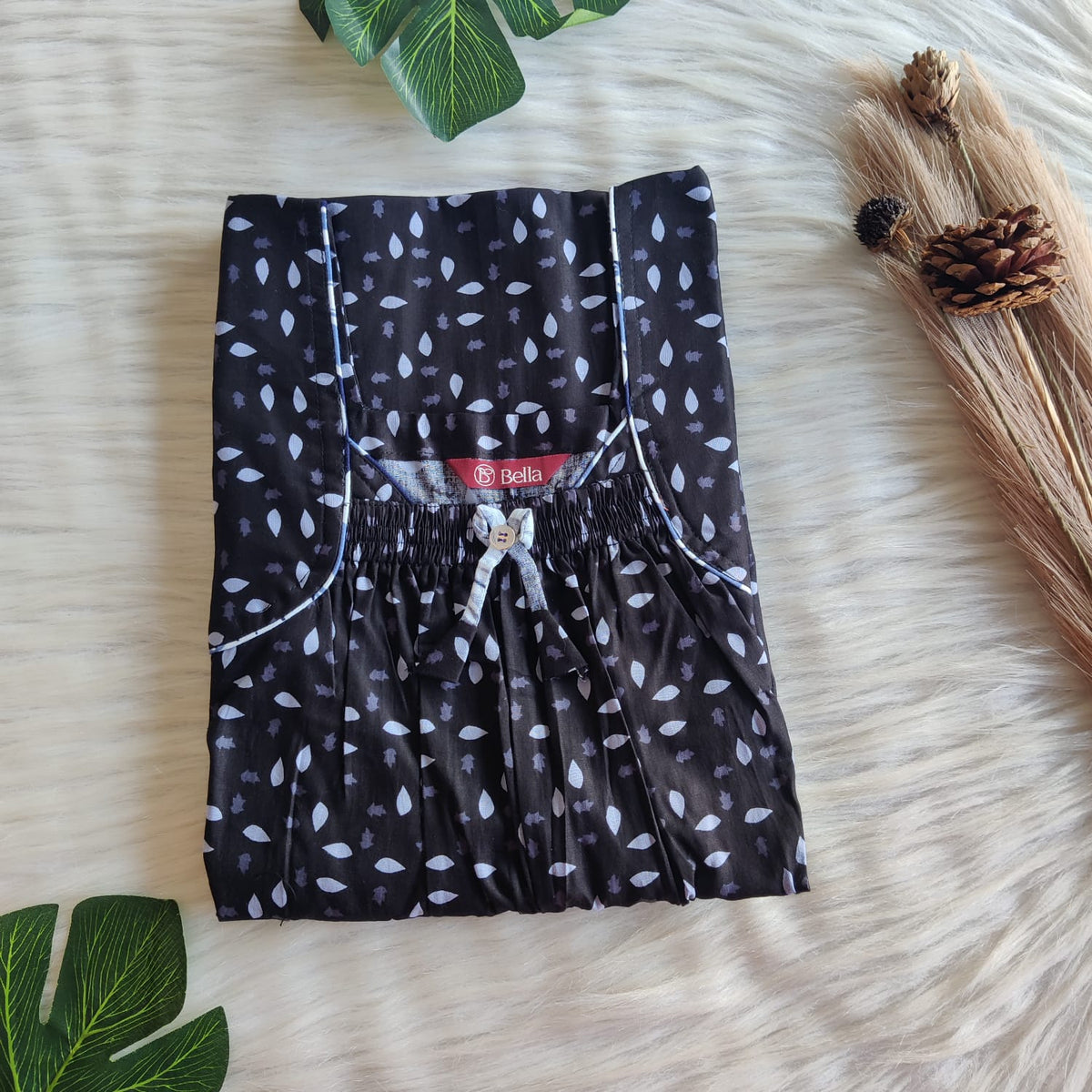 Pale Blue Leaf Printed Premium Cotton Front Elastic Pleated Nighty | Free Size | Chest Width 44″| Length 56″