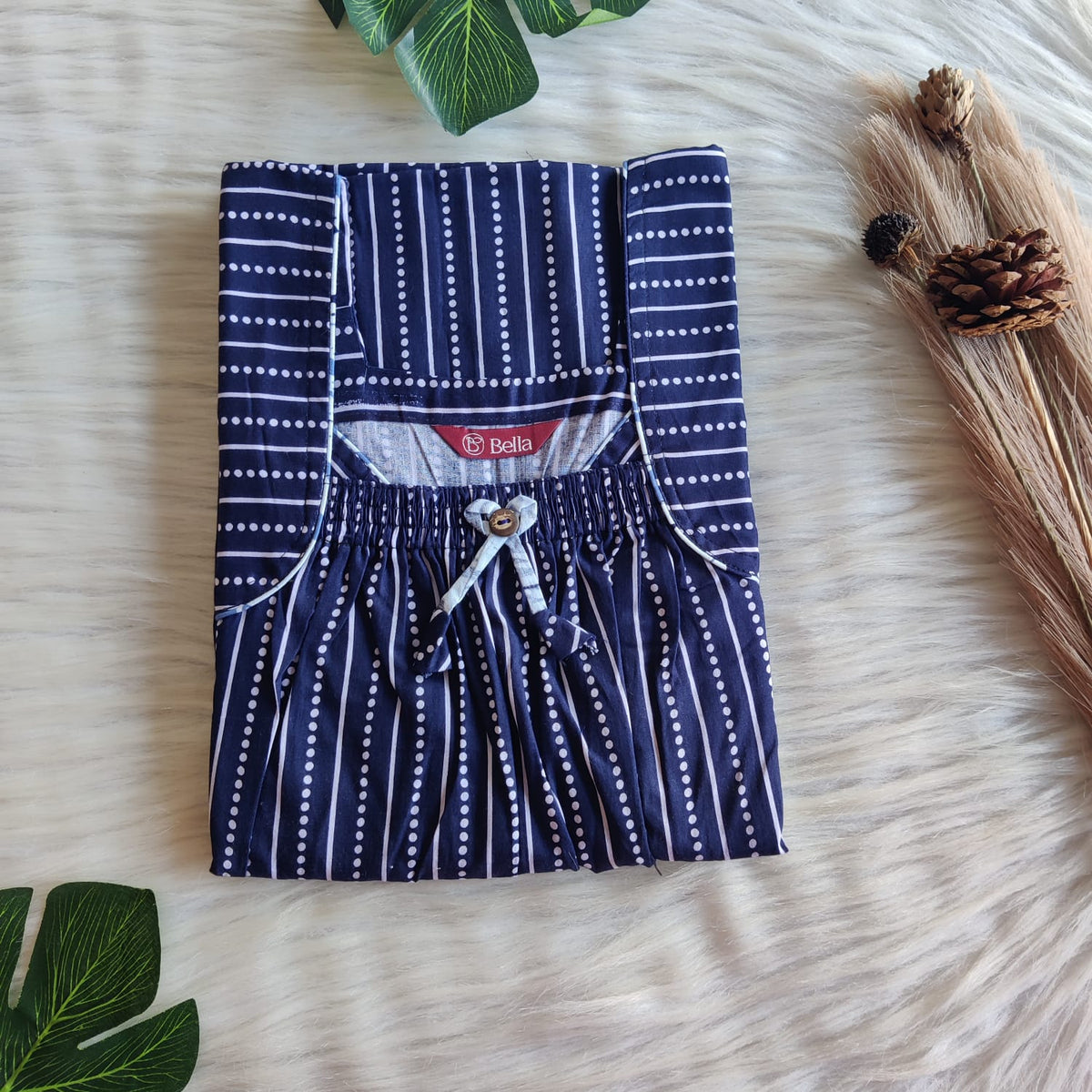 Navy Blue Stripes Printed Premium Cotton Front Elastic Pleated Nighty | Free Size | Chest Width 44″| Length 56″