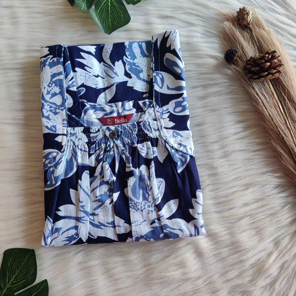 White Floral Printed Navy Blue Premium Cotton Front Elastic Pleated Nighty | Free Size | Chest Width 44″| Length 56″