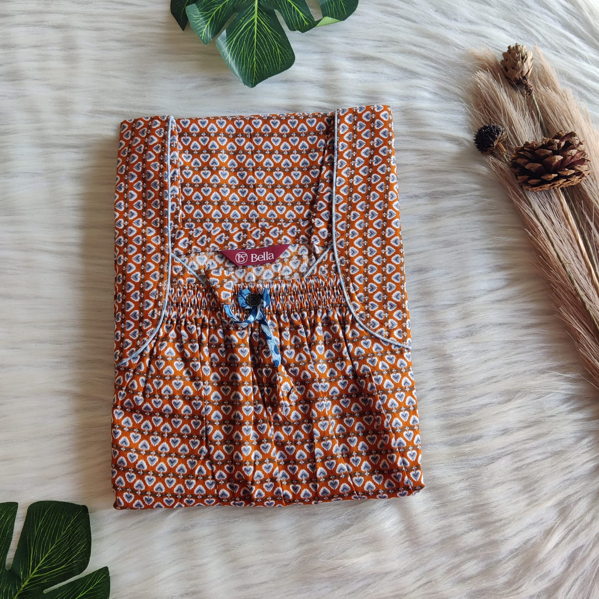 Grey Printed Brown Premium Cotton Front Elastic Pleated Nighty | Free Size | Chest Width 44″| Length 56″