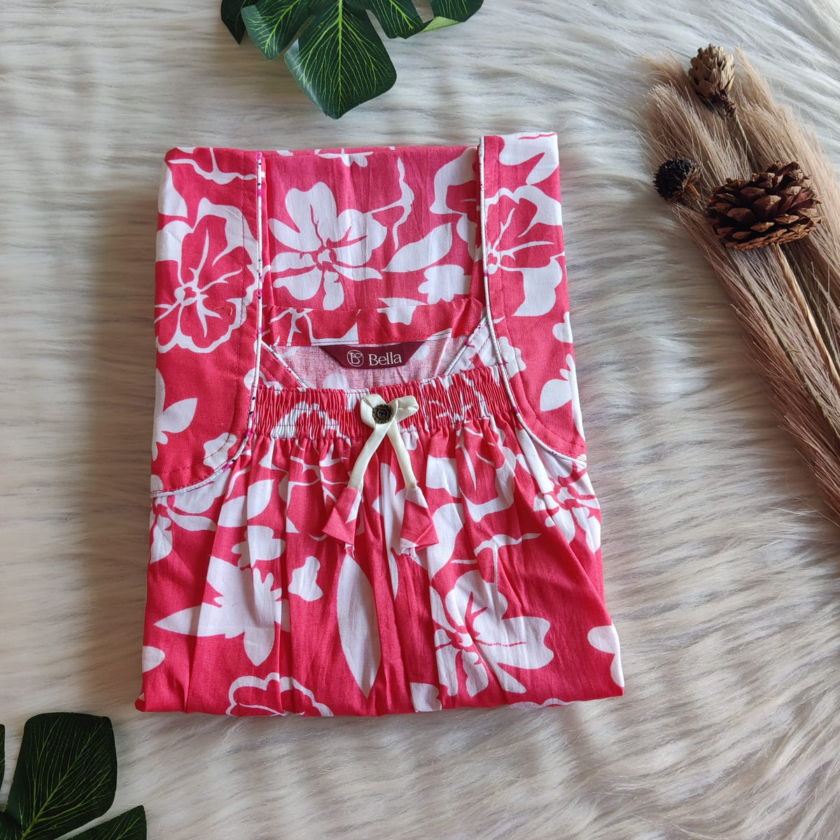 Peach Floral Printed Premium Cotton Front Elastic Pleated Nighty | Free Size | Chest Width 44″| Length 56″