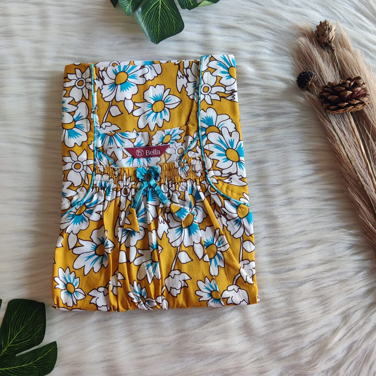 Yellow Floral Printed Premium Cotton Front Elastic Pleated Nighty | Free Size | Chest Width 44″| Length 56″