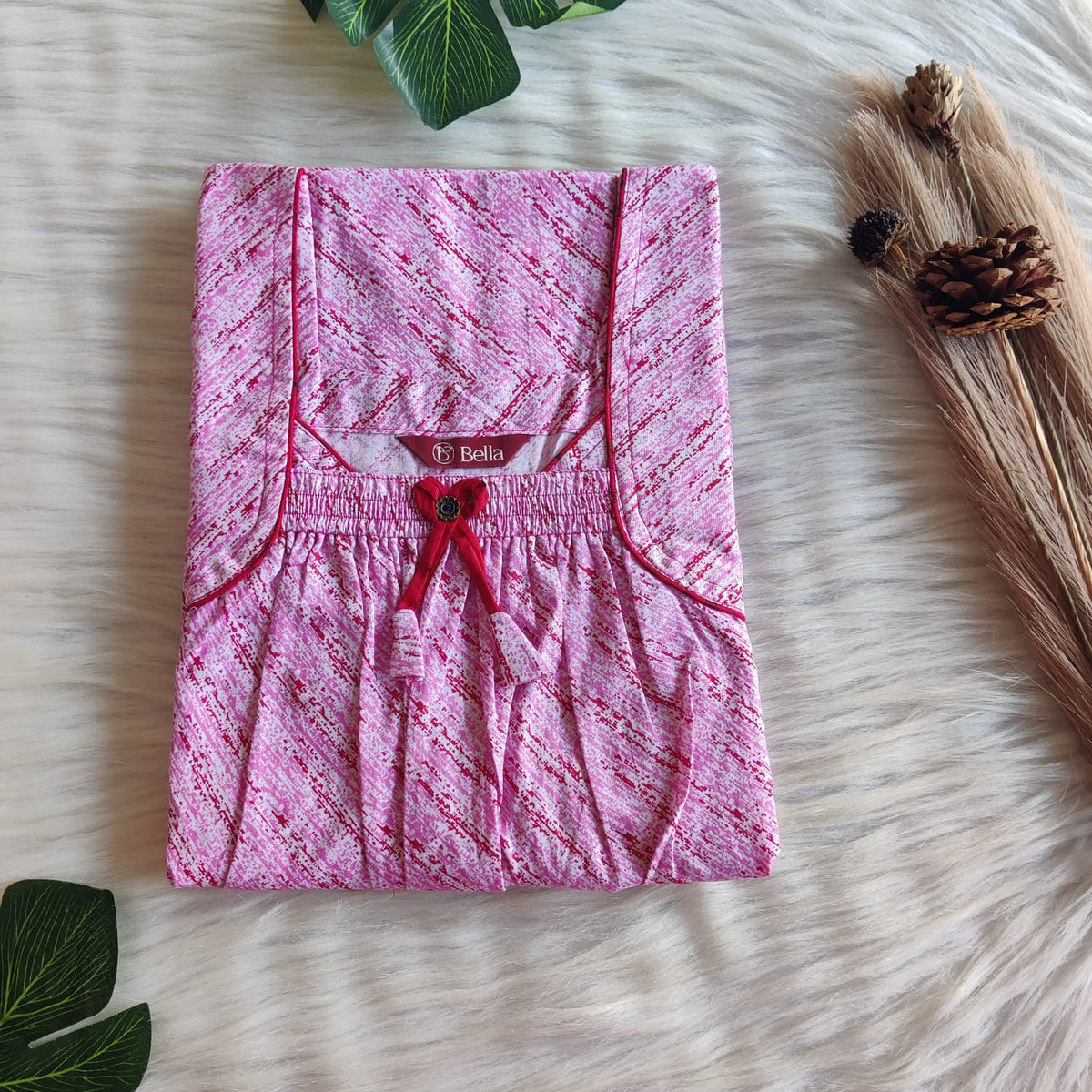 Pale Pink Printed Premium Cotton Front Elastic Pleated Nighty | Free Size | Chest Width 44″| Length 56″