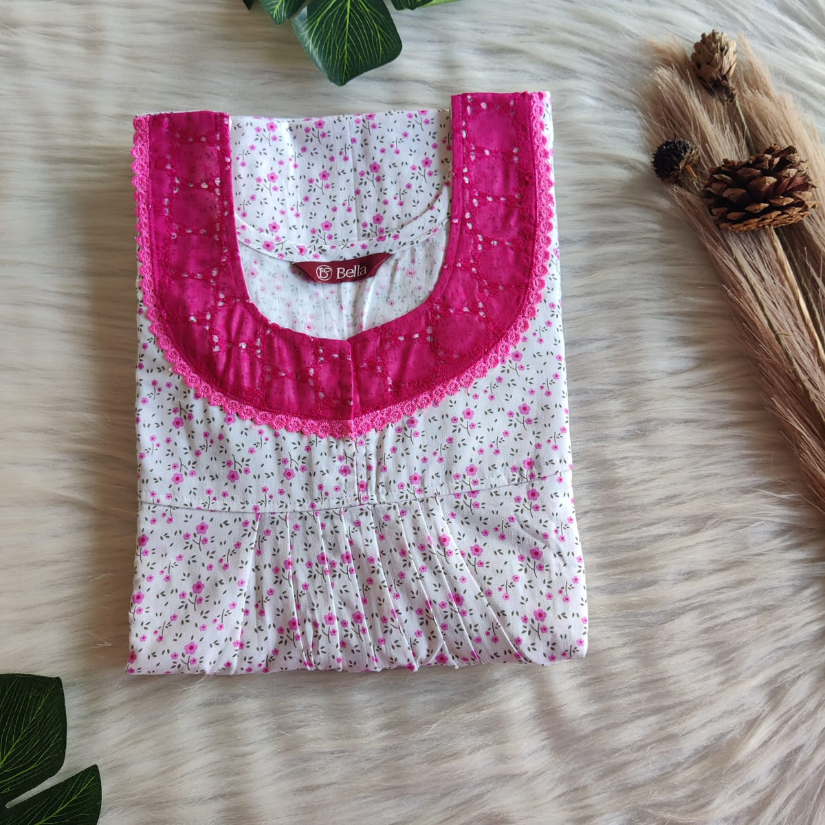 Pink Floral Printed White Premium Cotton Hakoba Lace Nighty | Free Size | Chest Width 44″| Length 54″-56″