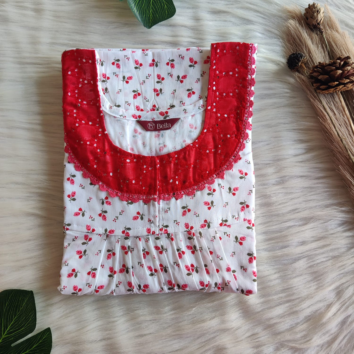 Red Floral Printed White Premium Cotton Hakoba Lace Nighty | Free Size | Chest Width 44″| Length 54″-56″