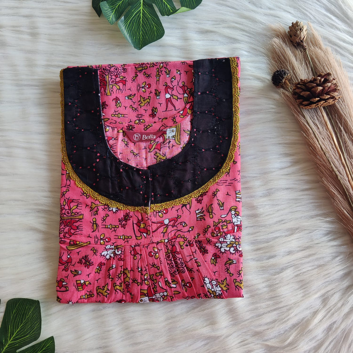 Peach Printed Premium Cotton Hakoba Lace Nighty | Free Size | Chest Width 44″| Length 54″-56″