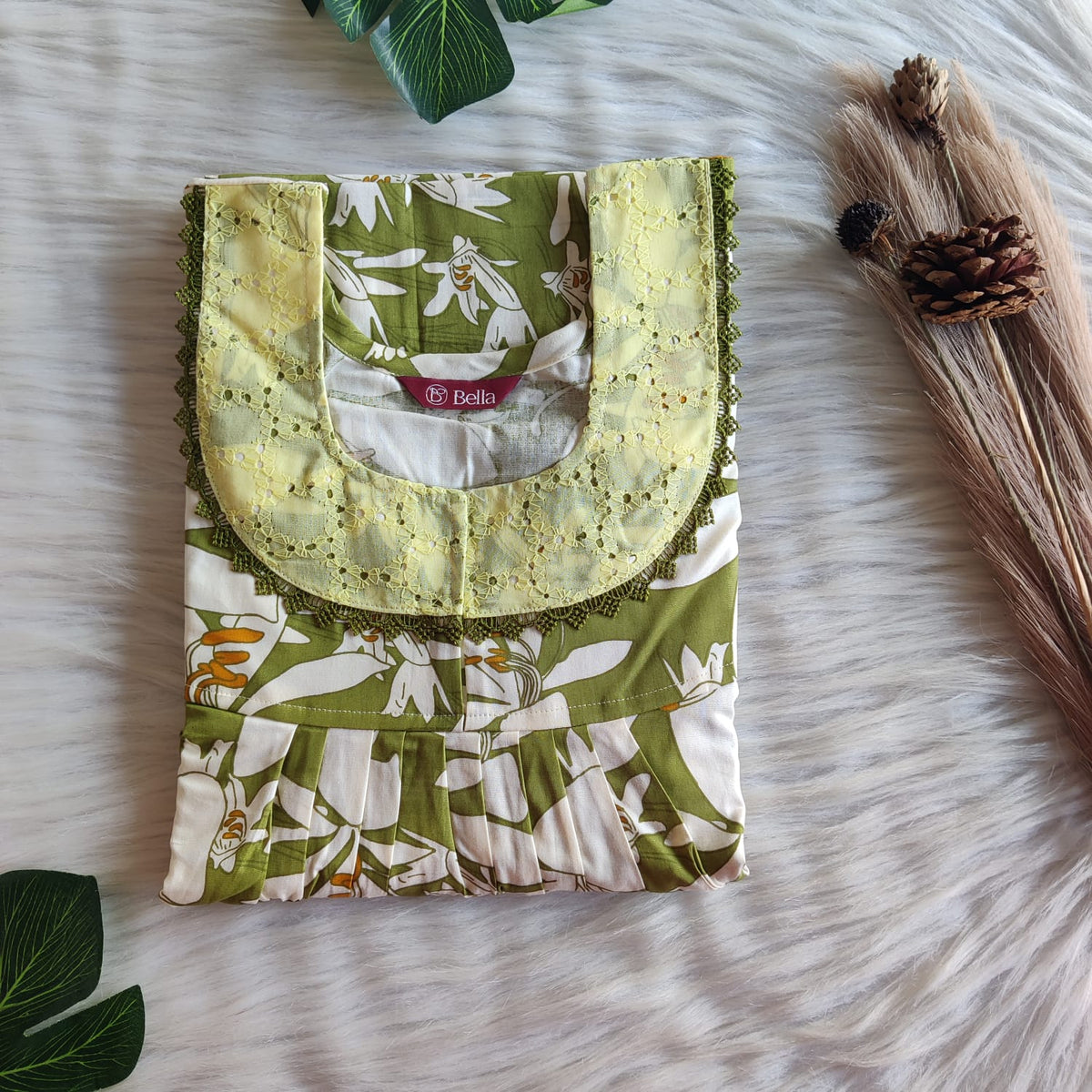 White Printed Green Premium Cotton Hakoba Lace Nighty | Free Size | Chest Width 44″| Length 54″-56″