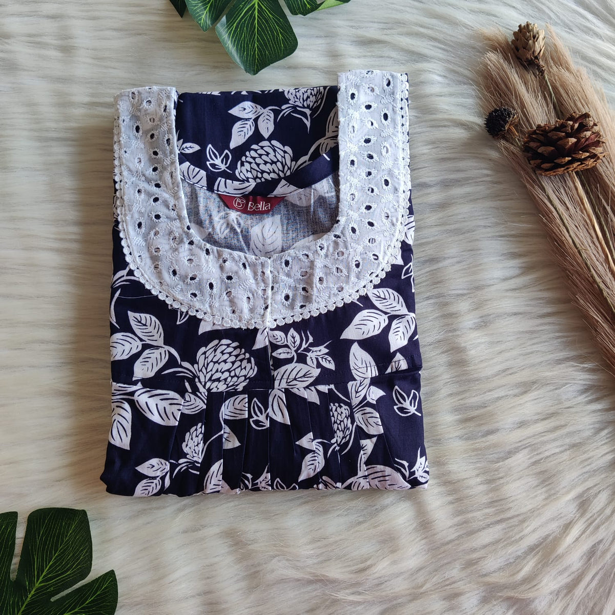 White Leaf Printed Navy Blue Premium Cotton Hakoba Lace Nighty | Free Size | Chest Width 44″| Length 54″-56″