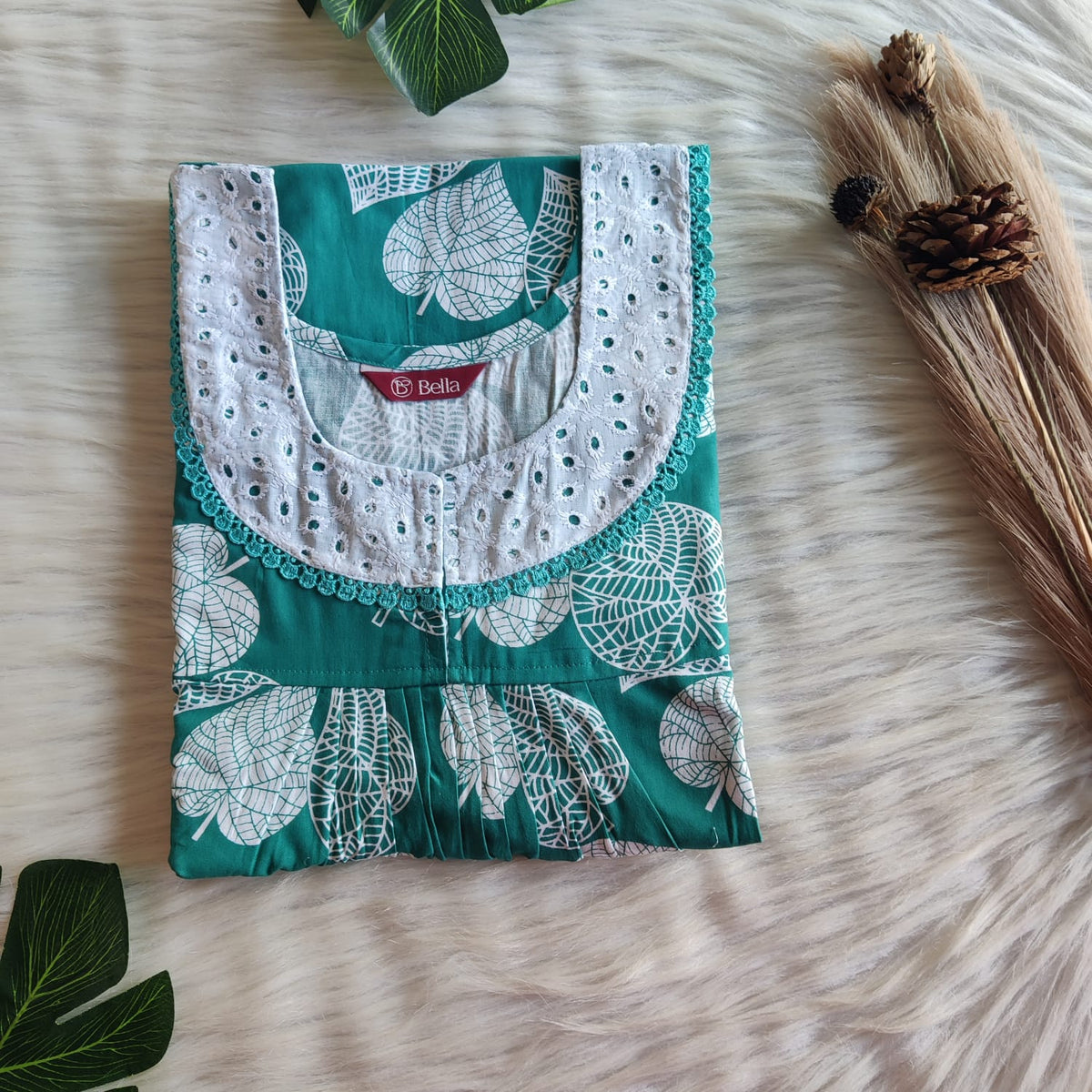 White Leaf Printed Green Premium Cotton Hakoba Lace Nighty | Free Size | Chest Width 44″| Length 54″-56″