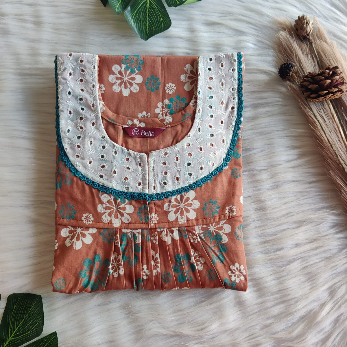 Cream Floral Printed Brown Discharge Cotton Hakoba Lace Nighty | Free Size | Chest Width 44″| Length 54″-56″