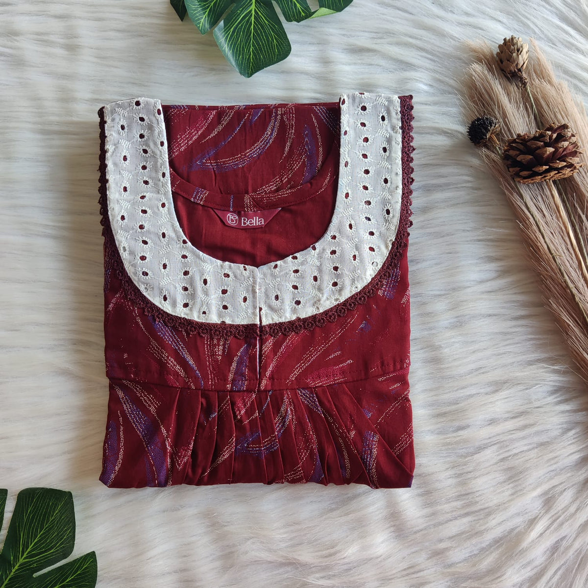 Maroon Printed Discharge Cotton Hakoba Lace Nighty | Free Size | Chest Width 44″| Length 54″-56″