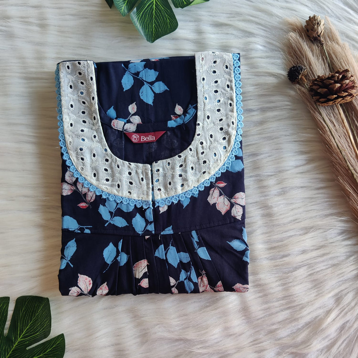 Navy Blue Leaf Printed Discharge Cotton Hakoba Lace Nighty | Free Size | Chest Width 44″| Length 54″-56″