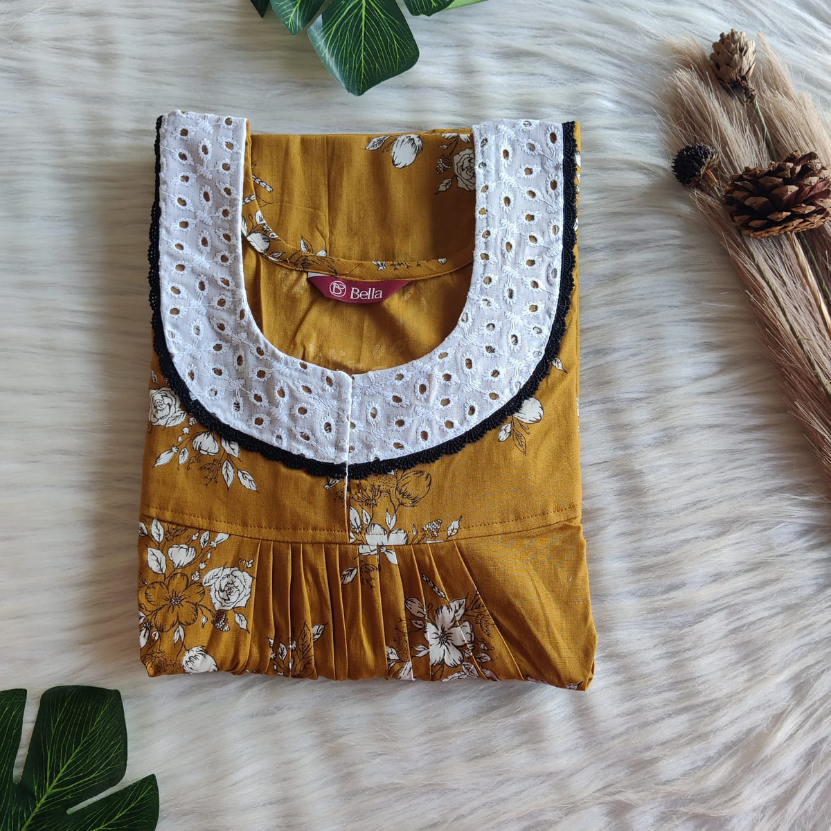 Mustard Yellow Printed Discharge Cotton Hakoba Lace Nighty | Free Size | Chest Width 44″| Length 54″-56″
