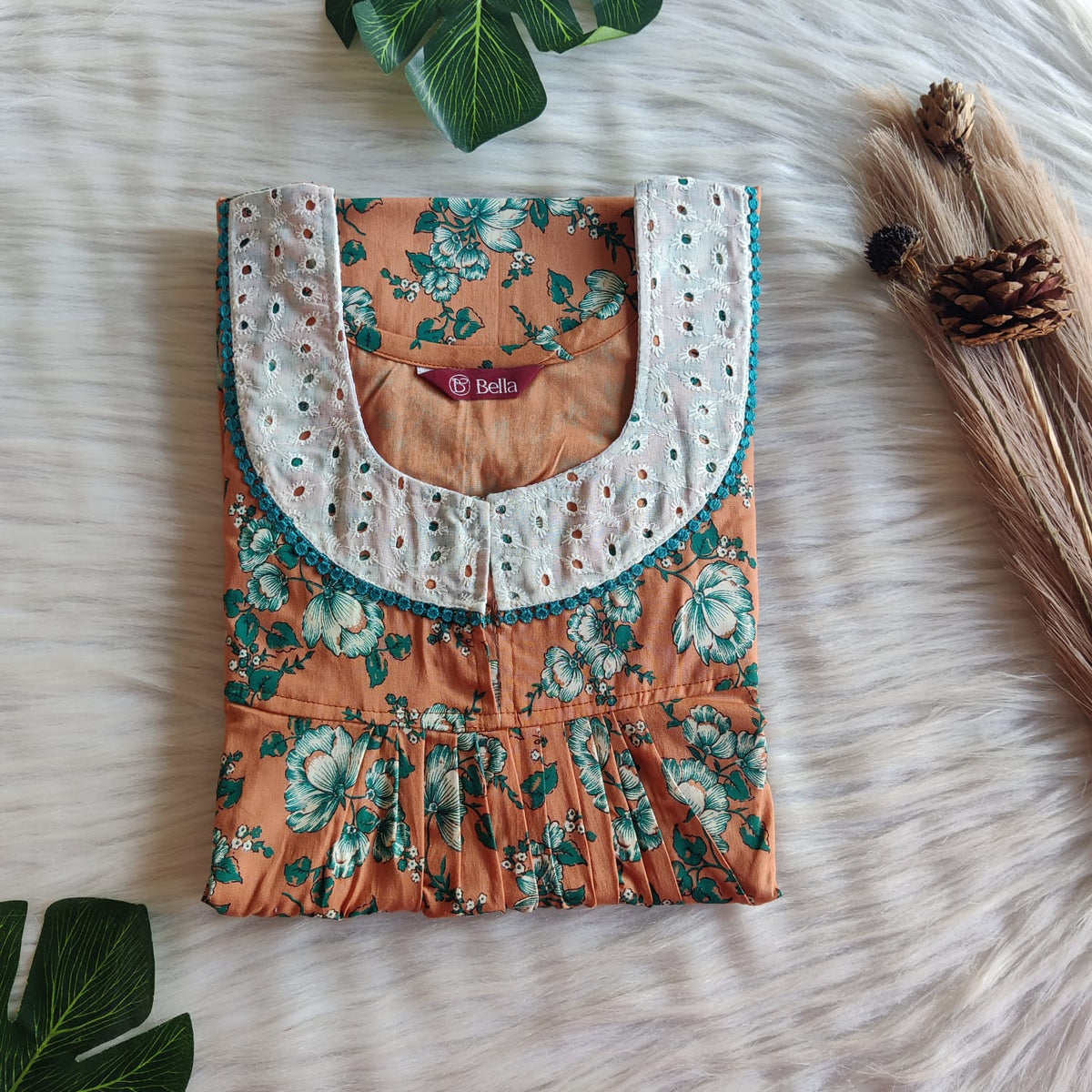 Green Floral Printed Brown Discharge Cotton Hakoba Lace Nighty | Free Size | Chest Width 44″| Length 54″-56″