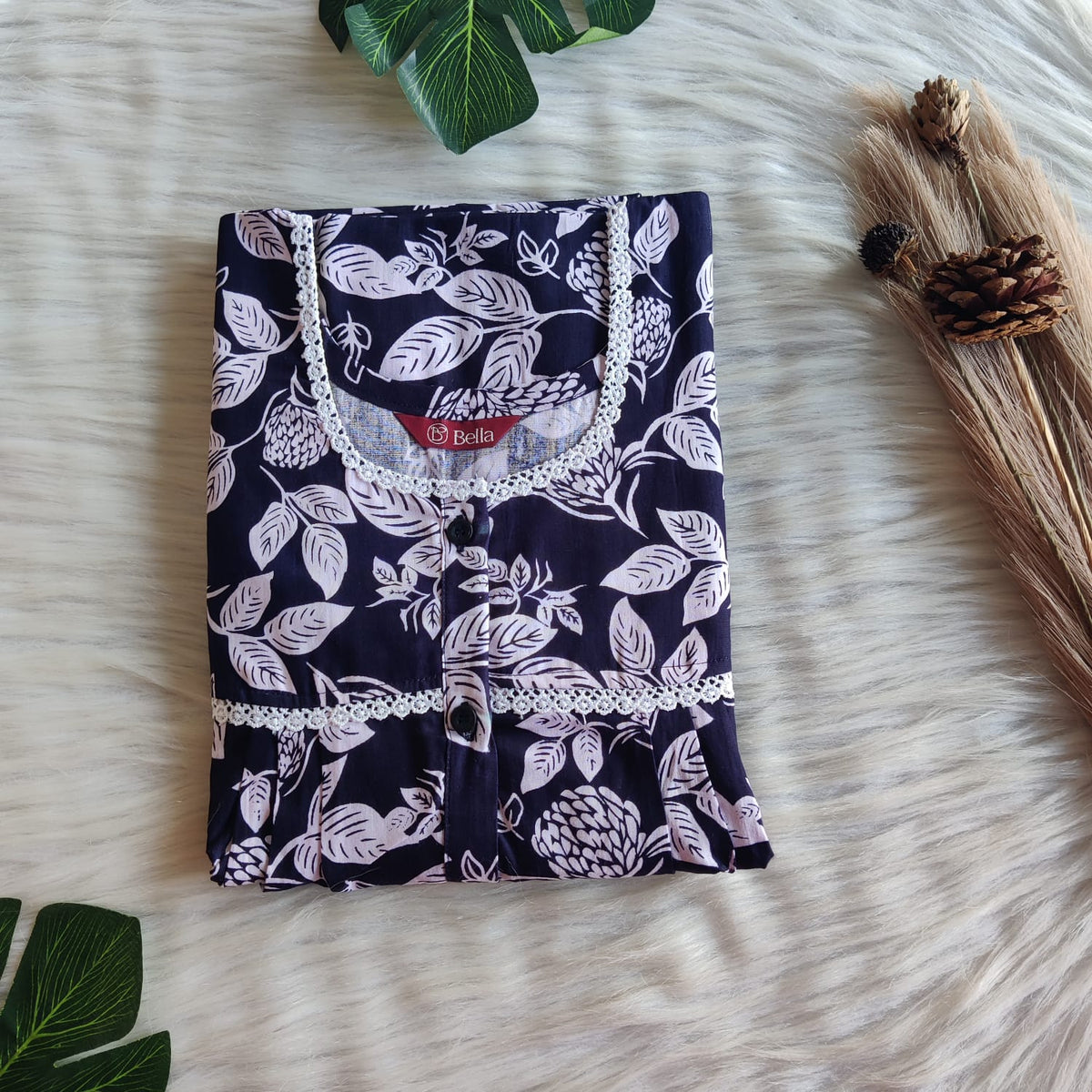 White Leaf Printed Navy Blue Premium Cotton Lace Button Nighty | Free Size | Chest Width 44"| Length 54"-56"