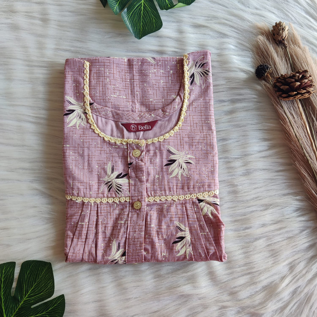 Cream Leaf Printed Premium Cotton Lace Button Nighty | Free Size | Chest Width 44"| Length 54"-56"