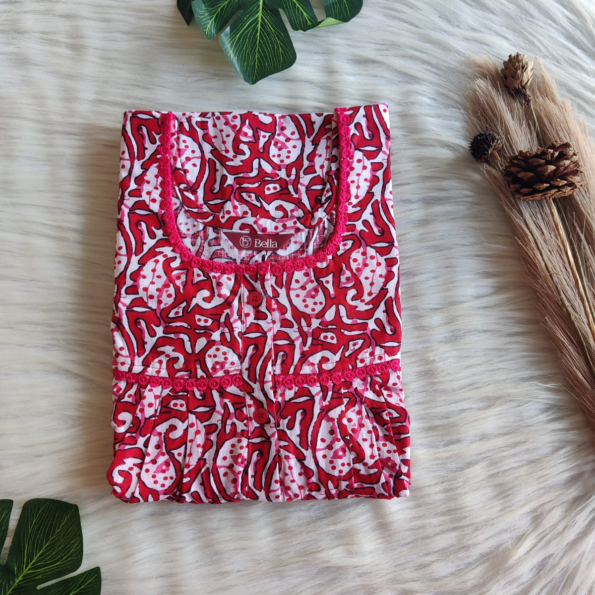 Red Kalamkari Printed Premium Cotton Lace Button Nighty | Free Size | Chest Width 44"| Length 54"-56"