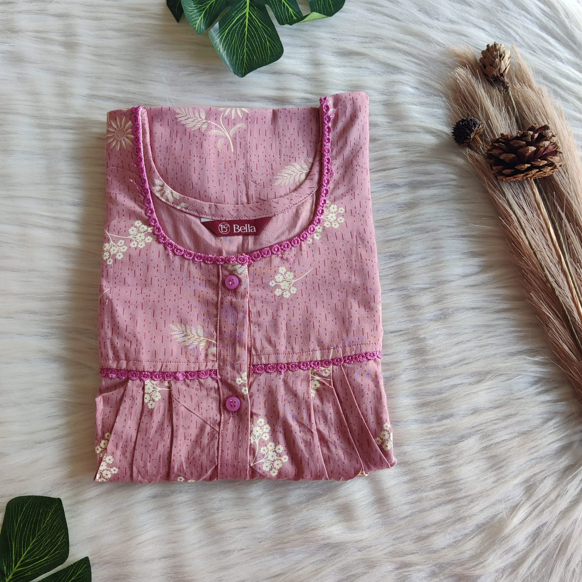 Cream Floral Printed Pastel Mauve Premium Cotton Lace Button Nighty | Free Size | Chest Width 44"| Length 54"-56"