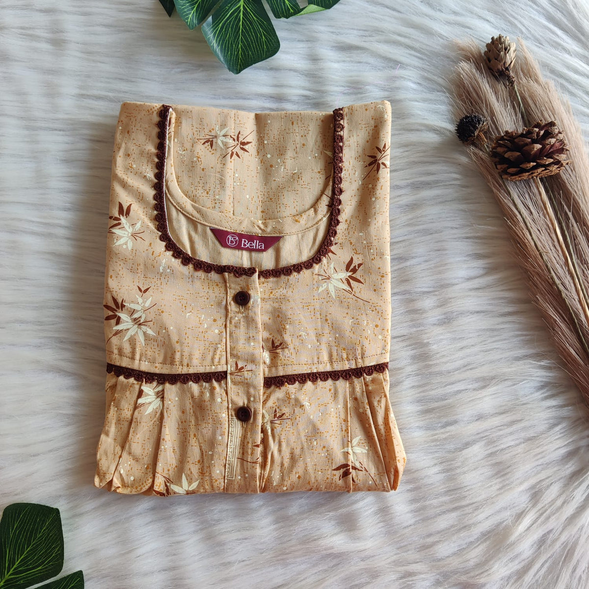 Pale Yellow Printed Premium Cotton Lace Button Nighty | Free Size | Chest Width 44"| Length 54"-56"