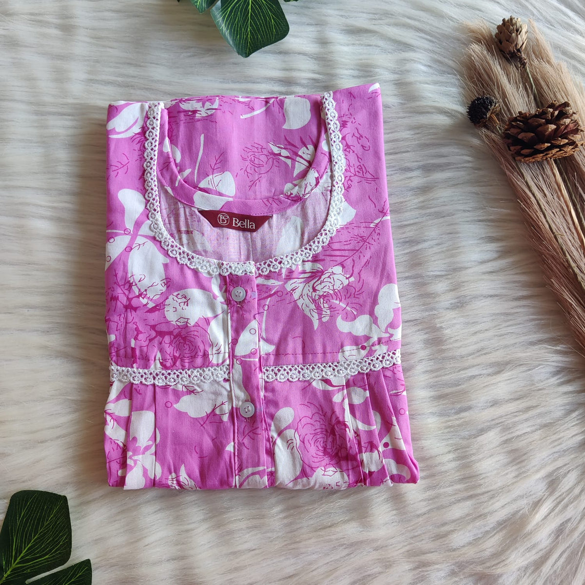 White Floral Printed Pink Premium Cotton Lace Button Nighty | Free Size | Chest Width 44"| Length 54"-56"