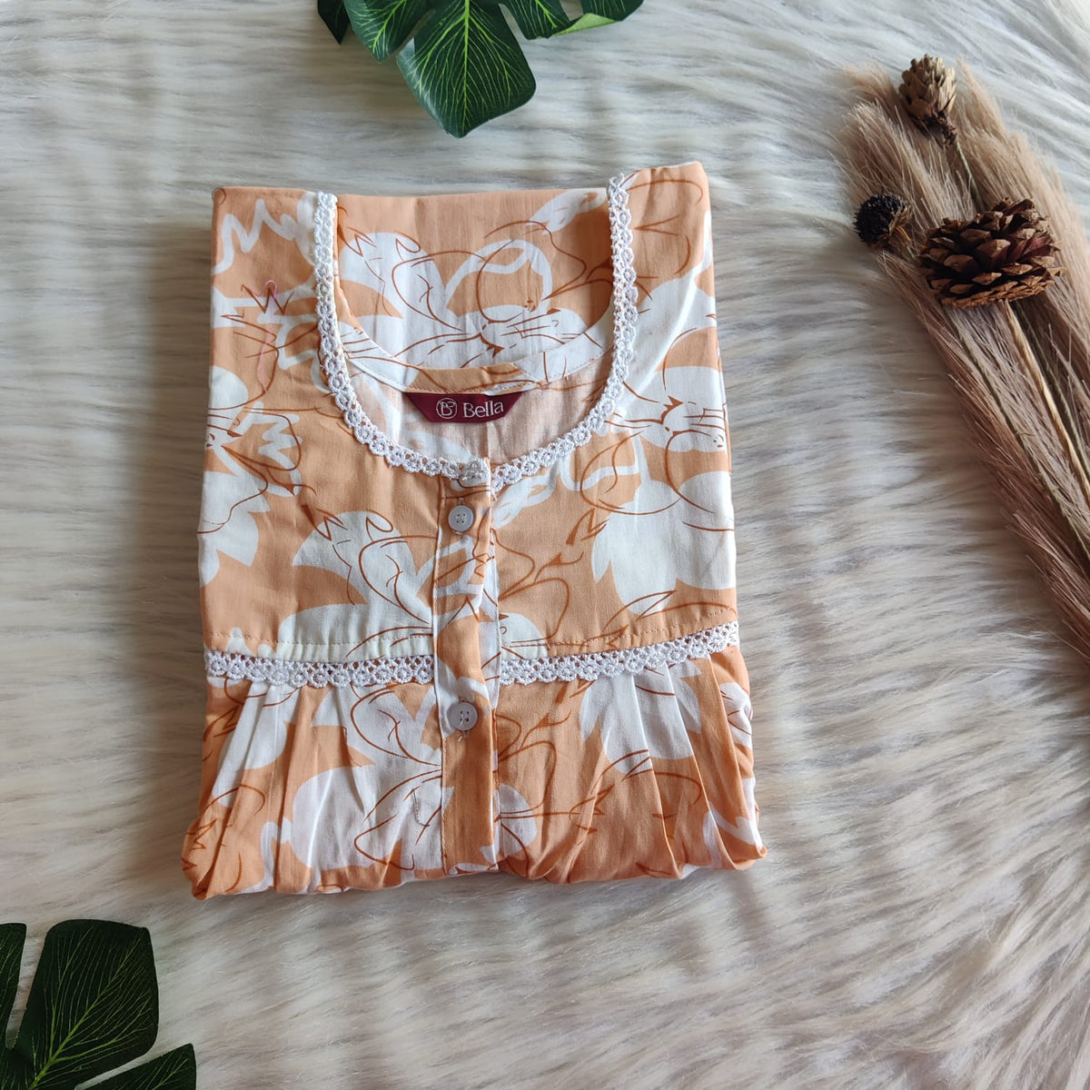 White Floral Printed Pastel Orange Premium Cotton Lace Button Nighty | Free Size | Chest Width 44"| Length 54"-56"