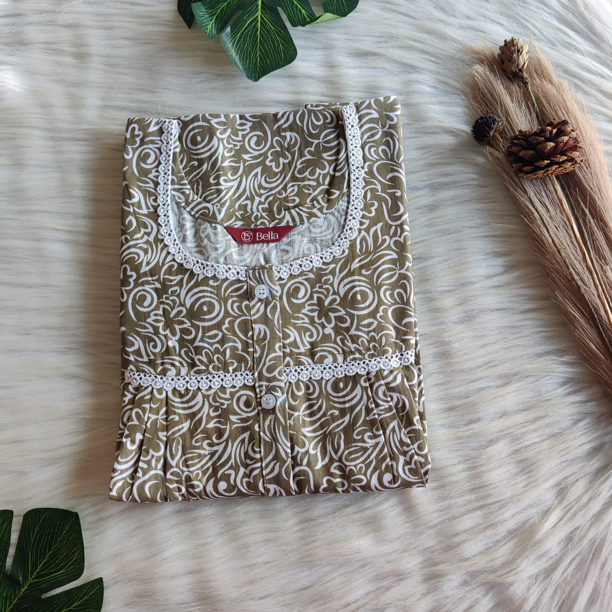Pale Olive Green Printed Premium Cotton Lace Button Nighty | Free Size | Chest Width 44"| Length 54"-56"
