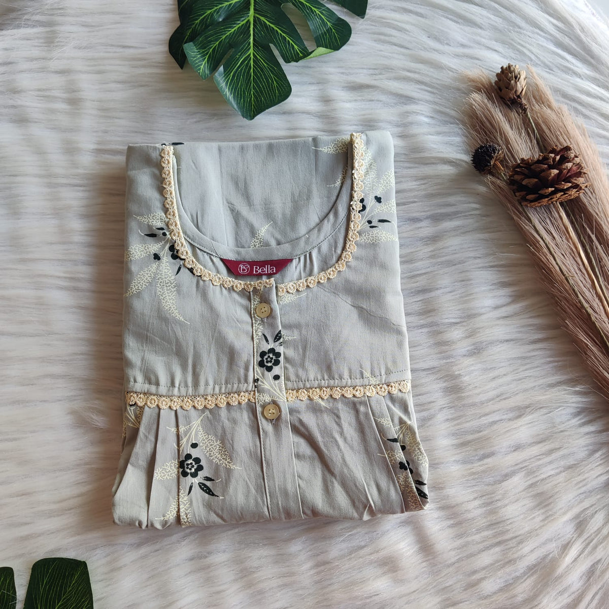 Pastel Green Printed Premium Cotton Lace Button Nighty | Free Size | Chest Width 44"| Length 54"-56"