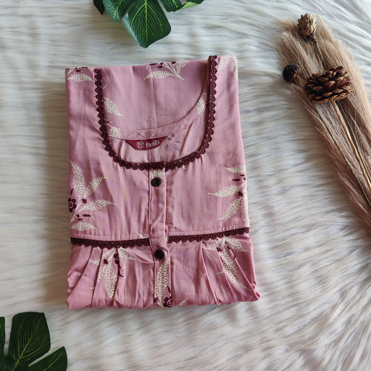 Maroon Floral Printed Mauve Printed Premium Cotton Lace Button Nighty | Free Size | Chest Width 44"| Length 54"-56"