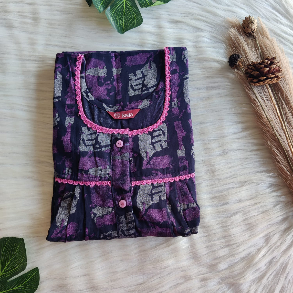 Pink Printed Navy Blue Discharge Cotton Lace Button Nighty | Free Size | Chest Width 44"| Length 54"-56"