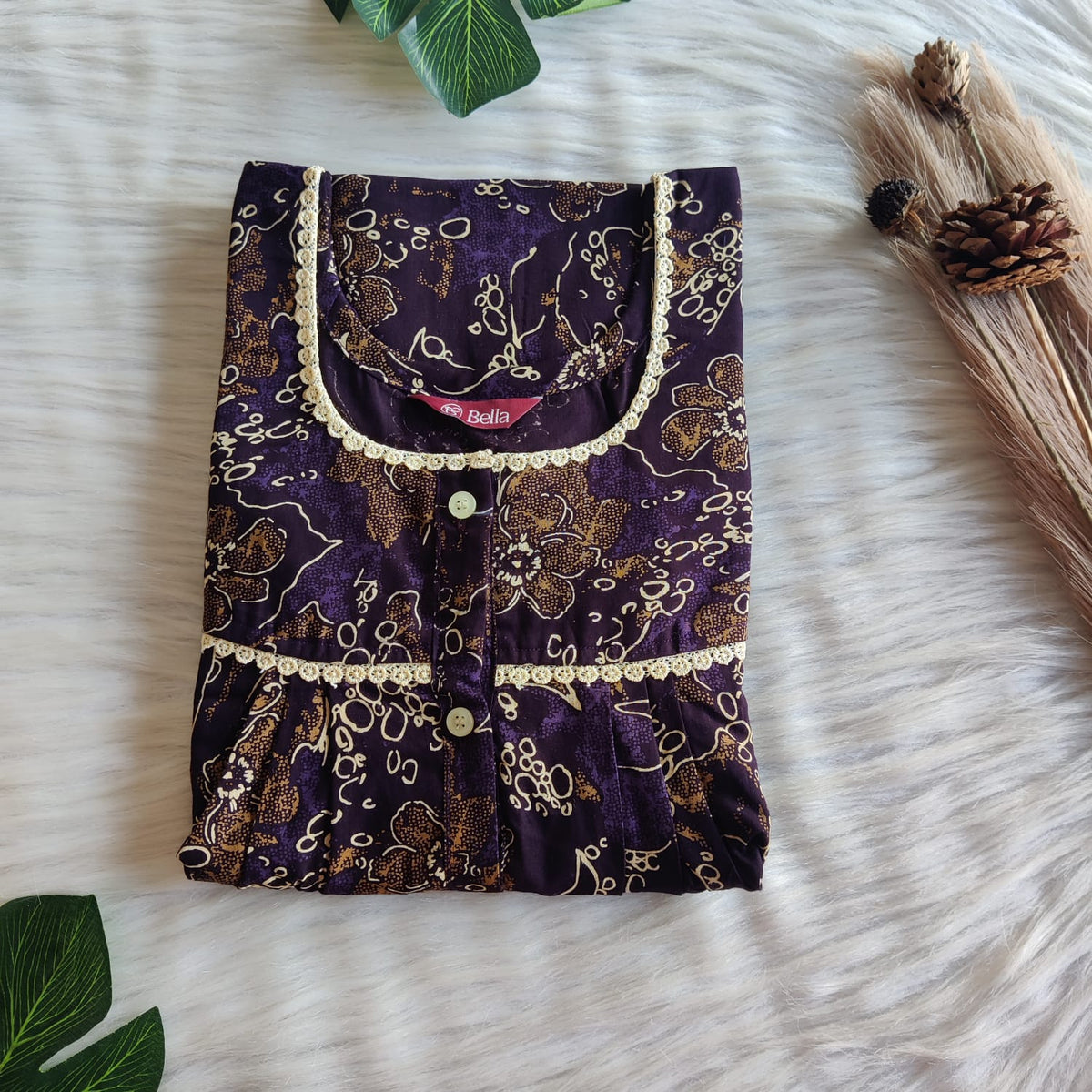 Cream Printed Wine Discharge Cotton Lace Button Nighty | Free Size | Chest Width 44"| Length 54"-56"