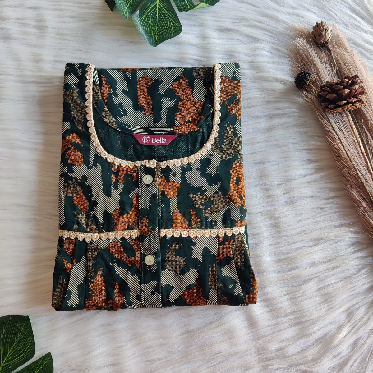 Orange Printed Green Discharge Cotton Lace Button Nighty | Free Size | Chest Width 44"| Length 54"-56"